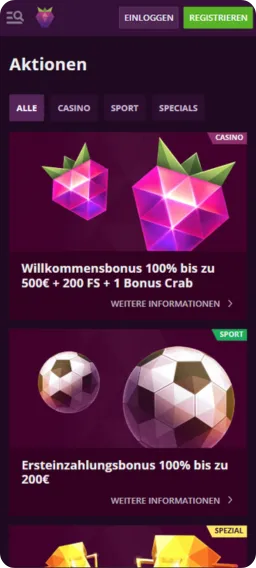 Malina Casino App Menu