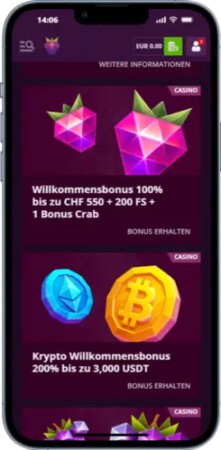 Malina Casino App Willkommensbonus und Krypto-Bonus im Bonusbereich