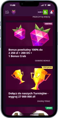 Centrum bonusowe dostępne w aplikacji Malina Casino