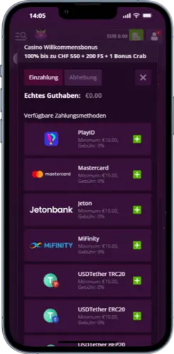 Malina Casino App Liste der verfügbaren Zahlungsmethoden wie Visa, Mastercard und Krypto"