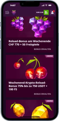 Malina Casino App Wochenend- und Krypto-Reload-Bonus auf dem Smartphone