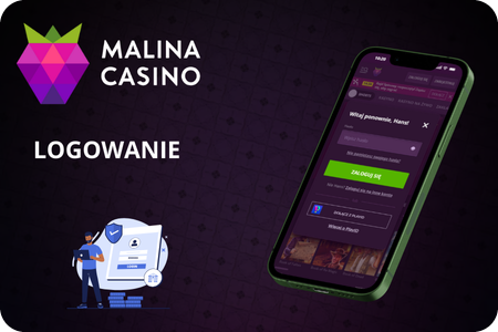 Malina Casino App – strona logowania z zielonym przyciskiem „Zaloguj się” na smartfonie