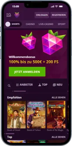 Startseite der Malina Casino App mit Registrieren-Button