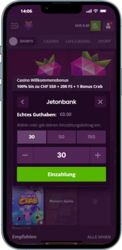 Malina Casino App Einzahlung mit Auswahlbetrag über Jetonbank