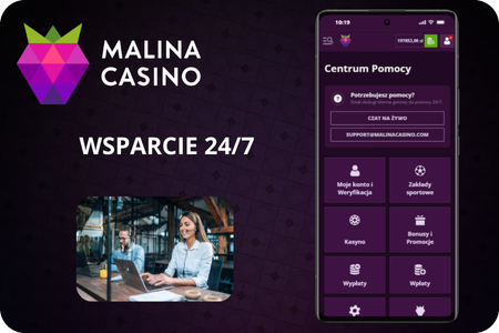 Wsparcie 24/7 w aplikacji Malina Casino z czatem na żywo i centrum pomocy