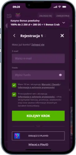 Wybór e-maila lub telefonu i ustawienie hasła podczas rejestracji