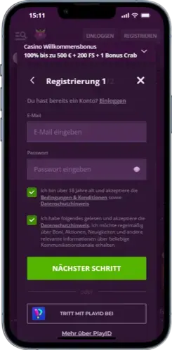 Registrierung mit E-Mail oder Telefonnummer, Passwort, Land und Währung