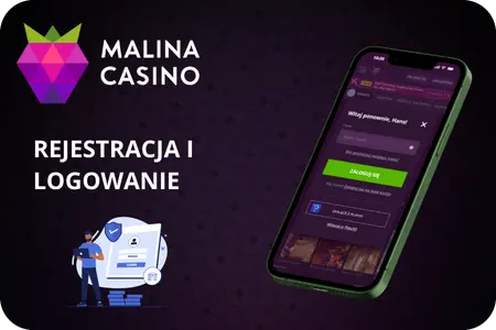 Ekran rejestracji i logowania w aplikacji Malina Casino z polami do wpisania danych