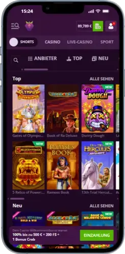 Slots-Bereich der Malina Casino App mit Spielauswahl