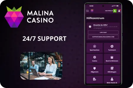 Malina Casino App 24/7 Support-Bereich mit Live-Chat und Hilfethemen