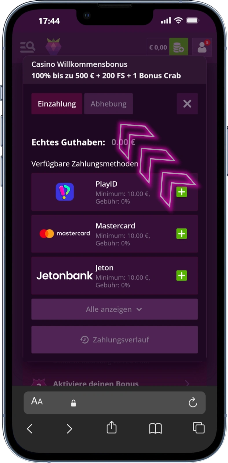 Malina Bonus Code Einzahlung vornehmen