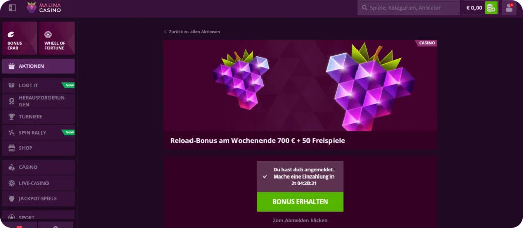 Wochenende können aktive Spieler einen zusätzlichen Reload-Bonus nutzen malina kasino bonus