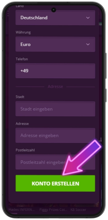 Malina Casino Registrierung abschließen - Konto erstellen Button
