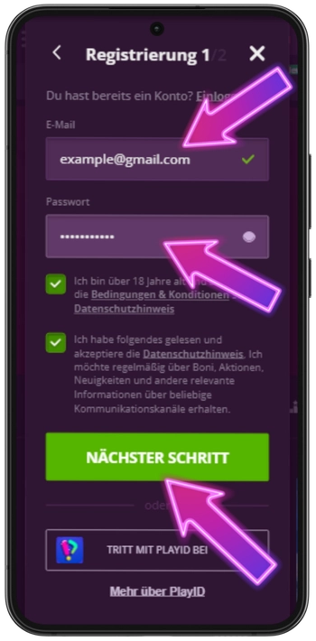 Malina Casino Zugangsdaten anlegen - E-Mail und Passwort Formular