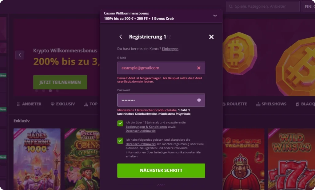 Malina Casino Login-Probleme beheben - Fehlermeldung Bildschirm