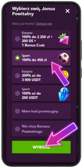 Malina Casino – wybór bonusu powitalnego przy rejestracji