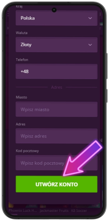 Malina Casino – przycisk utworzenia konta