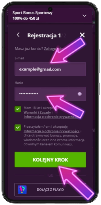 Malina Casino – formularz e-mail i hasła