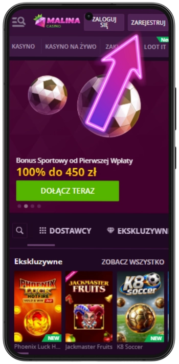 Malina Casino – przycisk rejestracji na stronie głównej