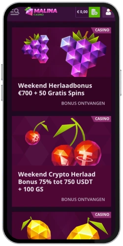 Malina Casino bonussen activeren met weekend herlaadbonus