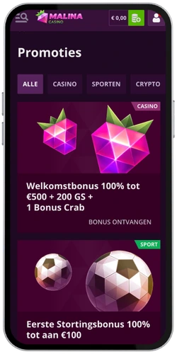 Malina Casino welkomstbonus activeren in de promoties sectie