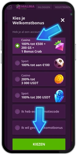 Malina Casino bonuskeuze scherm bij registratie