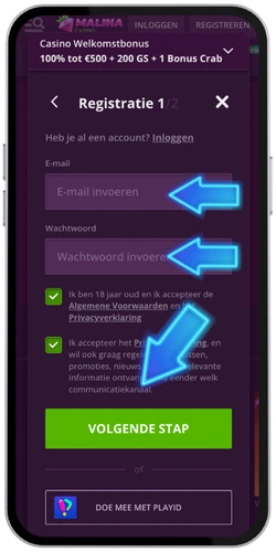 Malina Casino inloggegevens aanmaken – e-mail en wachtwoord formulier