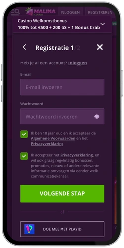 Malina Casino registratie met e-mailadres of telefoonnummer invullen