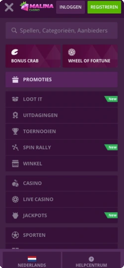 Malina Casino App navigatiemenu met categorieën zoals Casino, Live weddenschappen, Jackpotspellen en VIP-programma