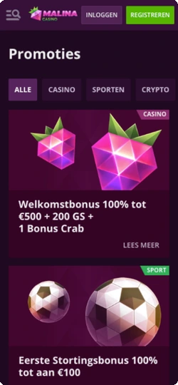 Malina Casino App acties-sectie met welkomstbonus 100% tot €500 en eerste stortingsbonus voor mobiele spelers