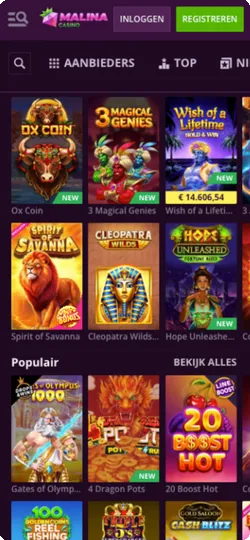 Malina Casino App slots overzicht met populaire spellen zoals Joker Cashpot, Gates of Hades en Bounty of the Seas voor Nederlandse gebruikers