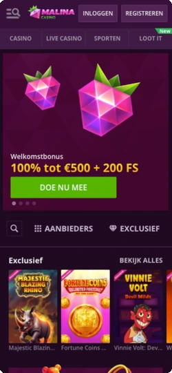 Malina Casino App hoofdscherm met bonusbanner en navigatie tussen Casino, Live Casino en Sportweddenschappen
