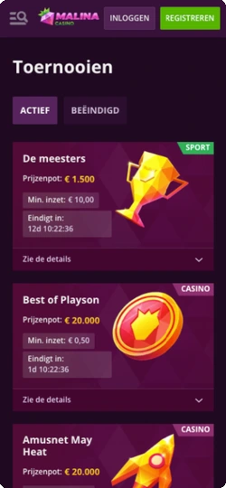 Malina Casino App toernooioverzicht met actieve competities en prijzenpotten tot €15.000