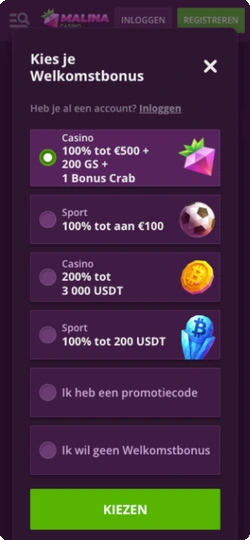 Malina Casino App bonuskeuze met welkomstbonus 100% tot €500 of sportbonus tot €200 voor nieuwe spelers