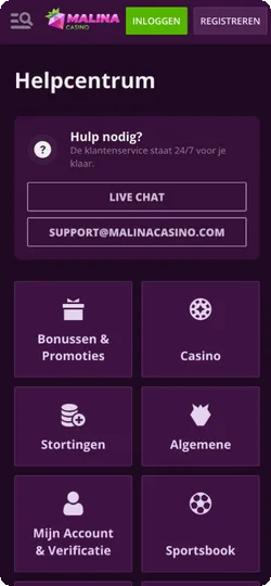 Malina Casino helpcentrum met 24/7 live chat en supportcategorieën