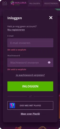 Malina Casino inlogformulier met e-mail en wachtwoord
