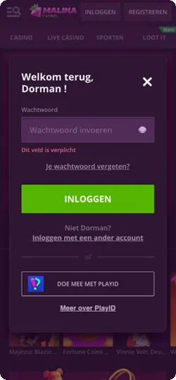 Malina Casino inloggen met wachtwoord invoeren