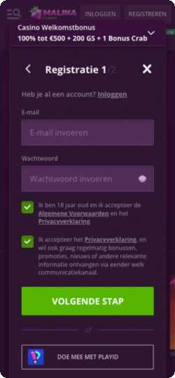 Registratie met e-mailadres of telefoonnummer, wachtwoord, land en valuta