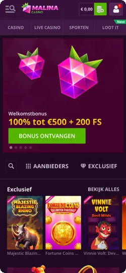 Malina Casino startscherm met welkomstbonus 100% tot €500 + 200 FS