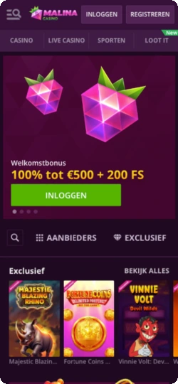 Startpagina van Malina Casino met registratieknop