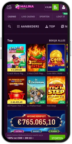 Malina Casino slots sectie met populaire spellen en wonderpot