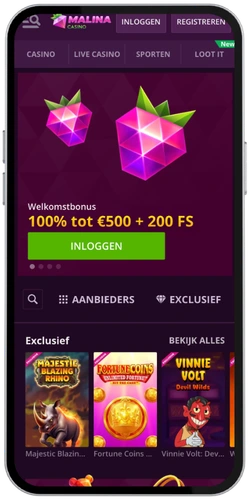 Malina Casino startpagina met welkomstbonus 100% tot €500 + 200 FS