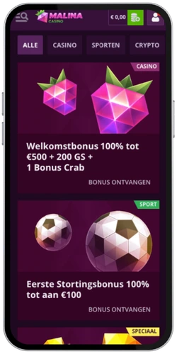 Malina Casino bonuscentrum met welkomstbonus overzicht