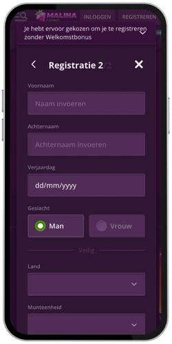 Malina Casino profiel invullen – naam, geboortedatum, adres