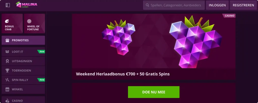 Weekend reload bonus Malina Casino voor actieve spelers in Nederland