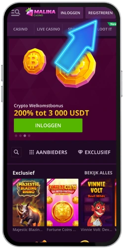 Malina Casino registratie starten via groene knop rechtsboven
