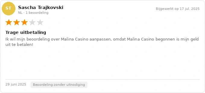 Malina Casino Trustpilot positieve beoordeling